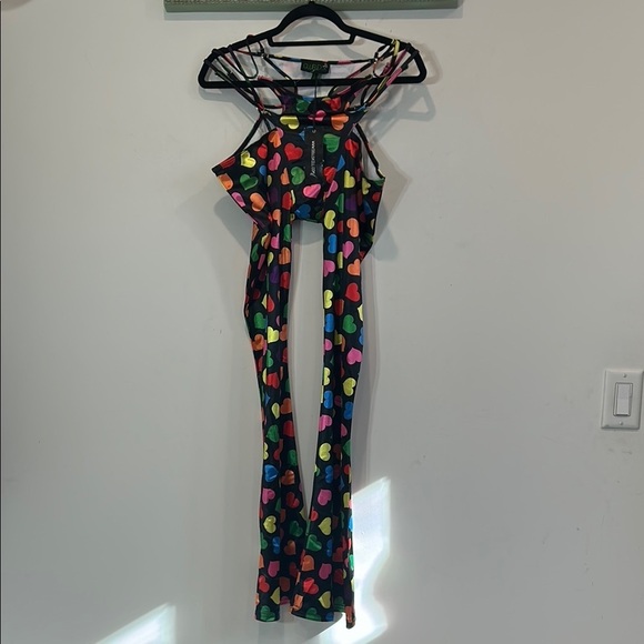 New dolls kill club ex black Colorful Heart Print g string pants flare large - Picture 2 of 5